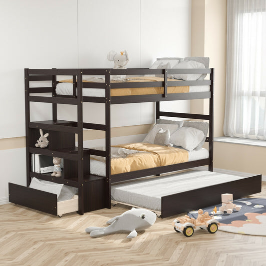 Twin Over Twin Bunk Bed with Storage Shelf and Drawer, Dark Brown Bunk Bed Frame Dark Brown at Gallery Canada