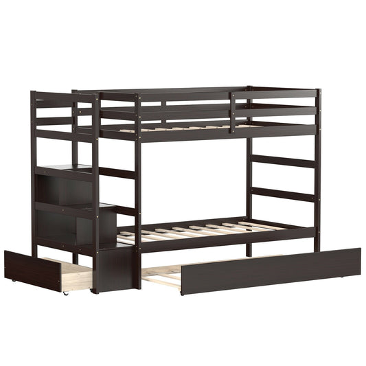 Twin Over Twin Bunk Bed with Storage Shelf and Drawer, Dark Brown at Gallery Canada