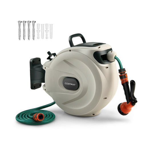 Wall Mounted Retractable Garden Hose Reel with Hose Nozzle, White at Gallery Canada