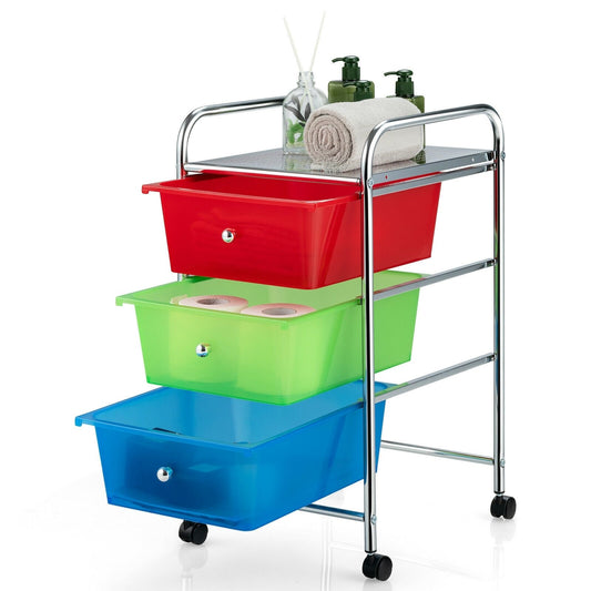 3-Drawer Rolling Storage Cart with Plastic Drawers for Office-RGB, Sheer Rainbow