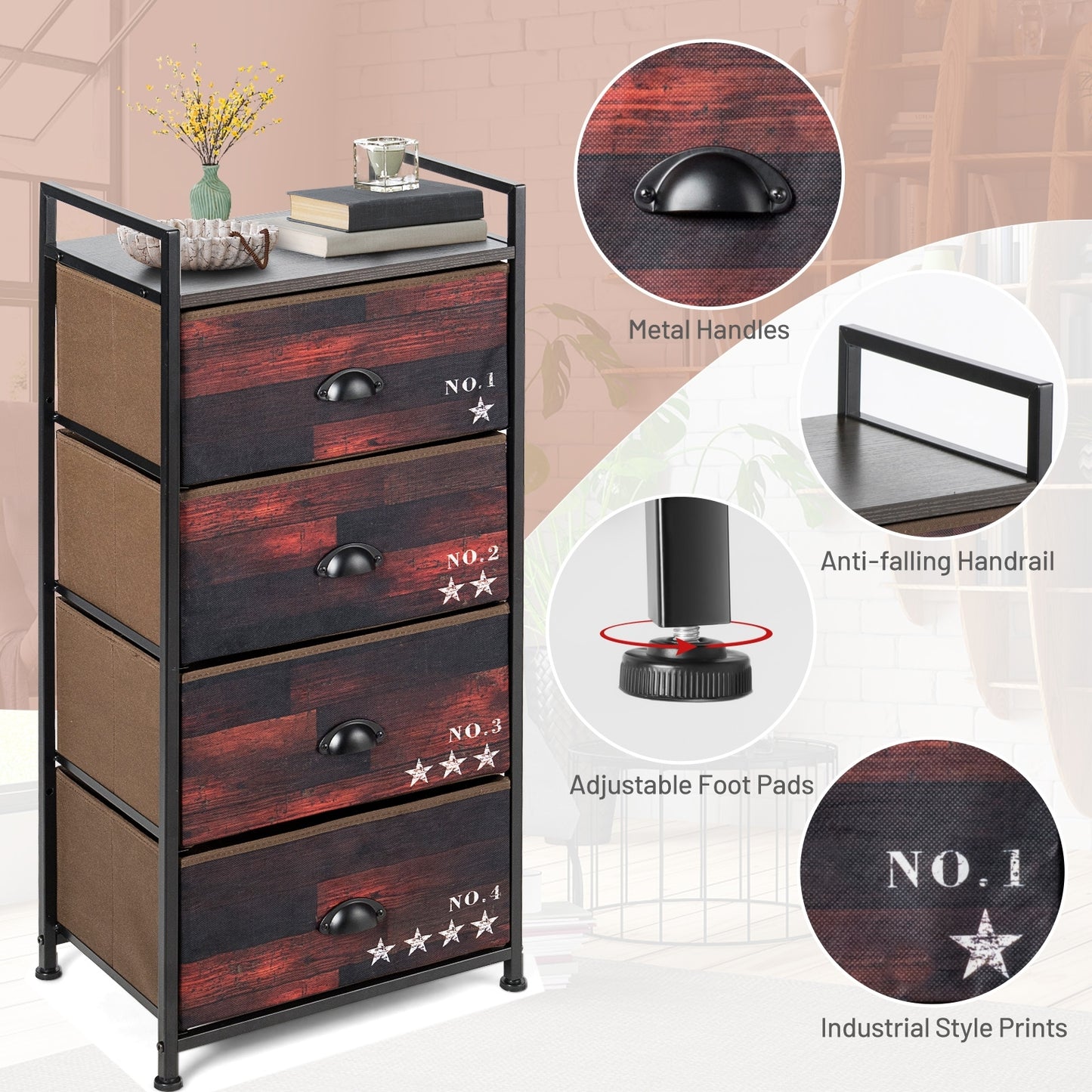 Industrial 4 Fabric Drawers Storage Dresser, Dark Brown