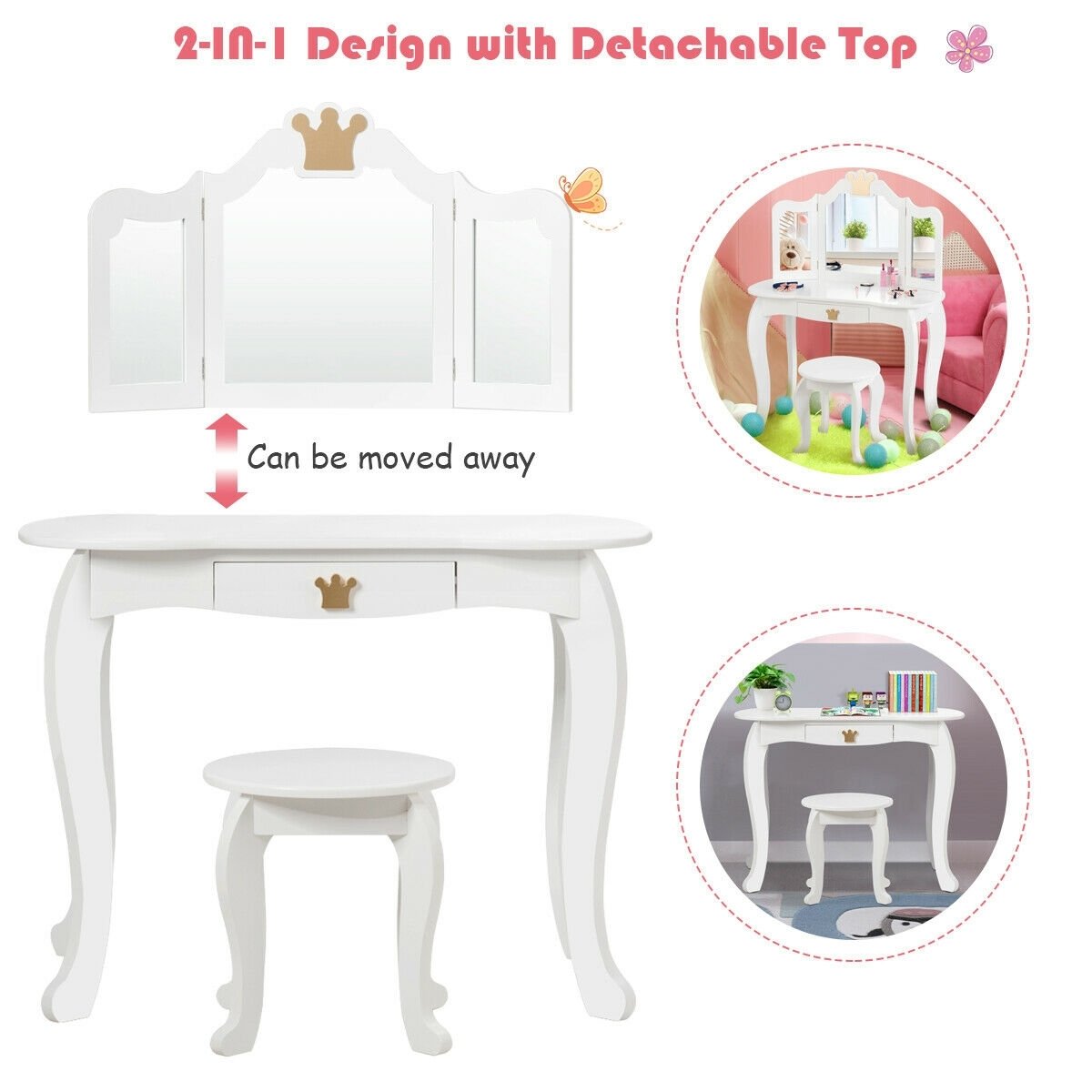Kids Makeup Dressing Table with Tri-folding Mirror and Stool, White