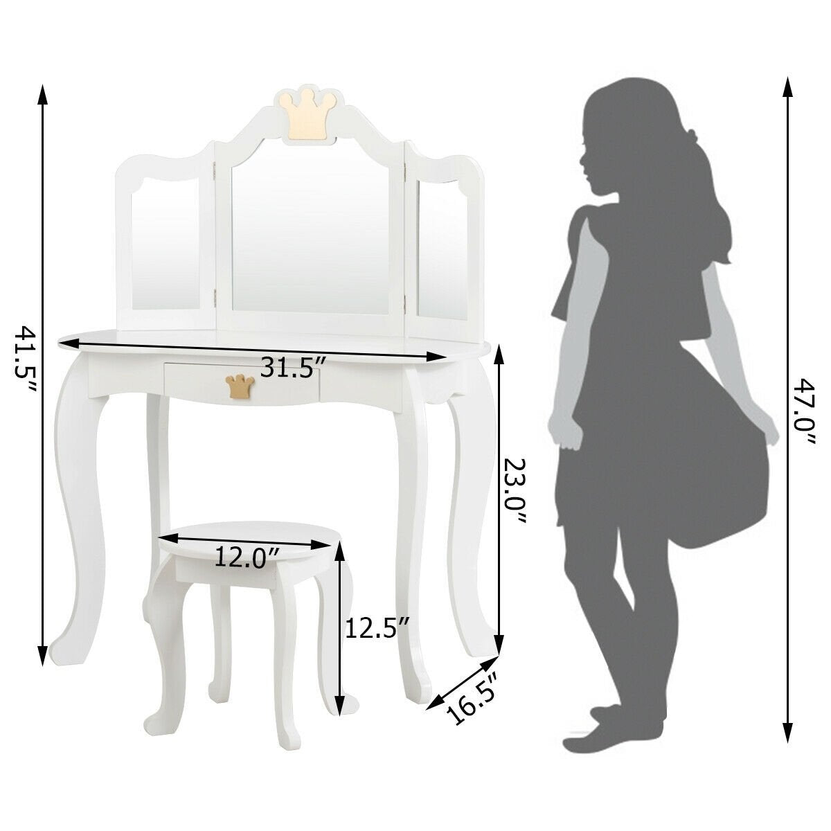 Kids Makeup Dressing Table with Tri-folding Mirror and Stool, White