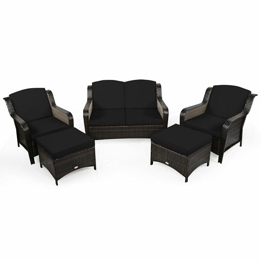 5 Pieces Patio Rattan Sofa Set with Cushion and Ottoman, Black