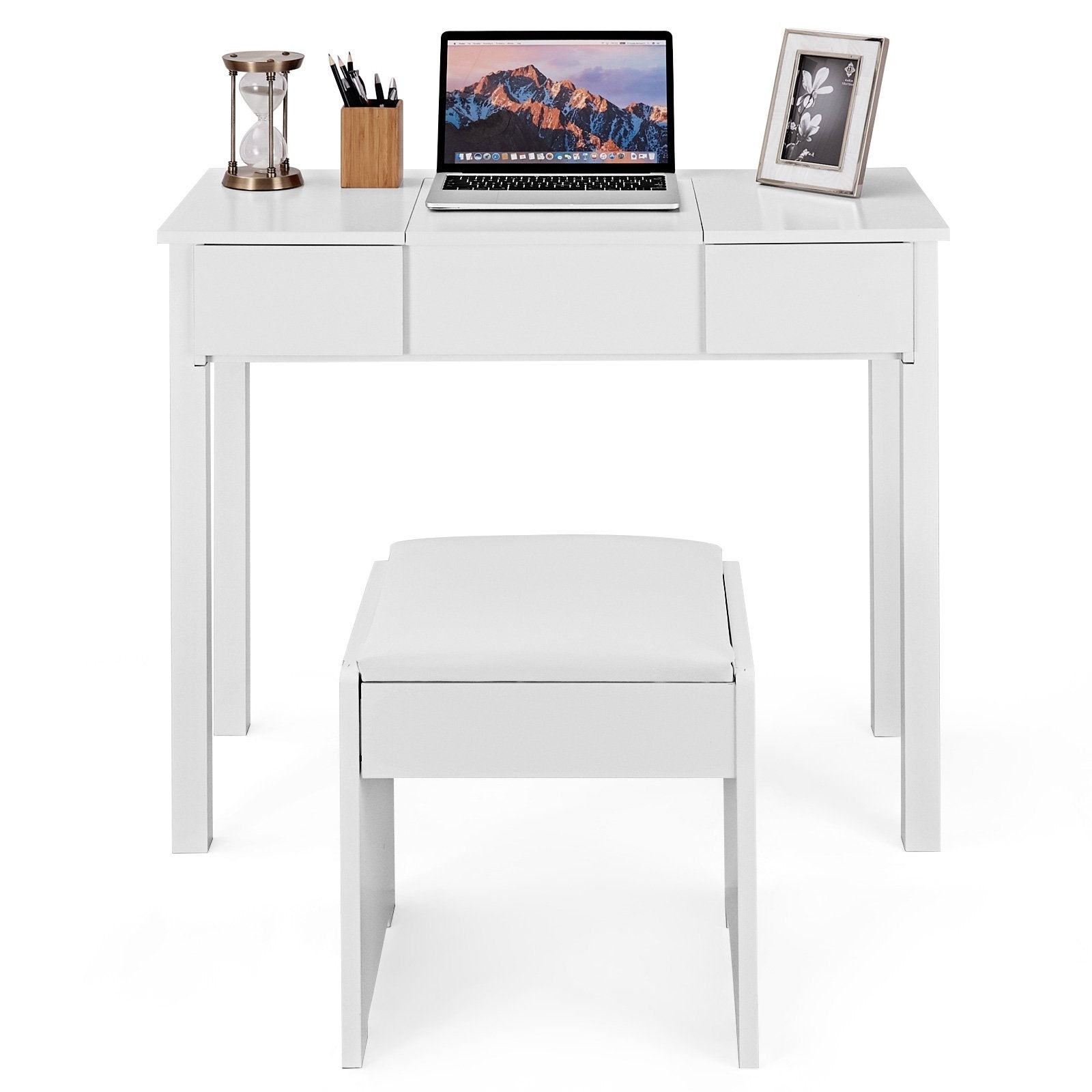 Vanity Makeup Dressing Table Set with Flip Top Mirror and Cushioned Stool, White at Gallery Canada
