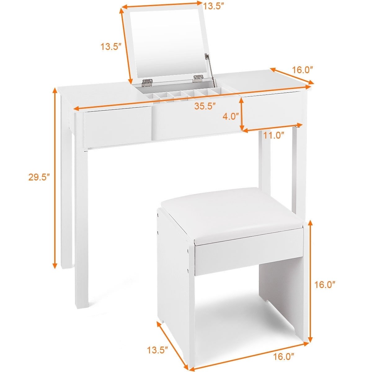 Vanity Makeup Dressing Table Set with Flip Top Mirror and Cushioned Stool, White at Gallery Canada