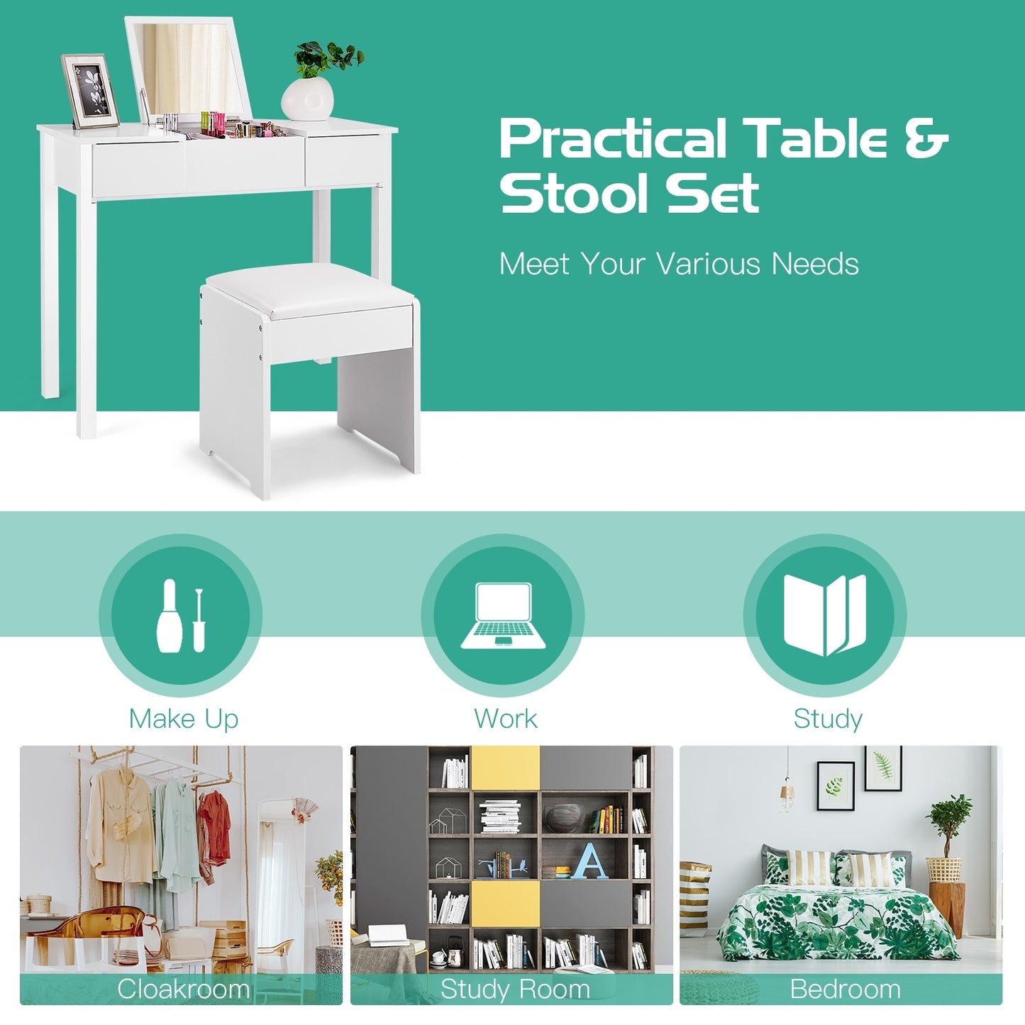 Vanity Makeup Dressing Table Set, Flip Top Mirror, Cushioned Stool, White Makeup Vanities at Gallery Canada