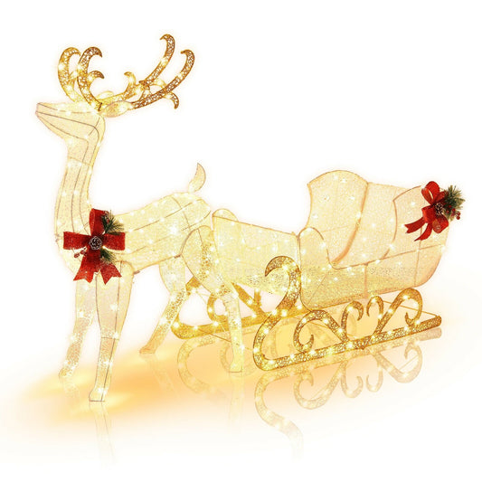6 Feet Christmas Lighted Reindeer and Santa's Sleigh Decoration with 4 Stakes, Golden