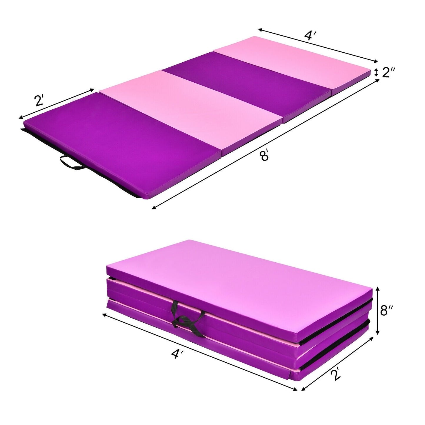 4 Feet x 8 Feet Folding Gymnastics Panel Mat with Handles Hook, Pink