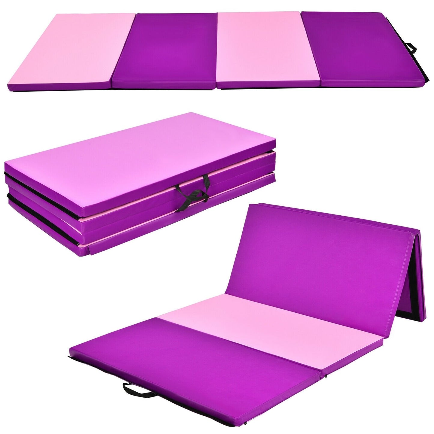 4 Feet x 8 Feet Folding Gymnastics Panel Mat with Handles Hook, Pink