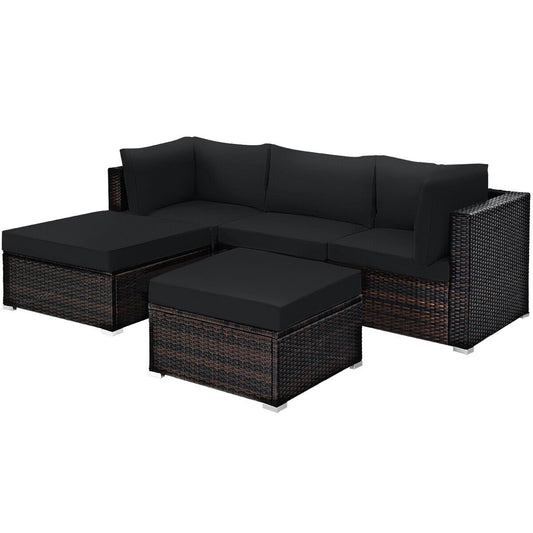 5 Pieces Patio Sectional Rattan Furniture Set with Ottoman Table, Black