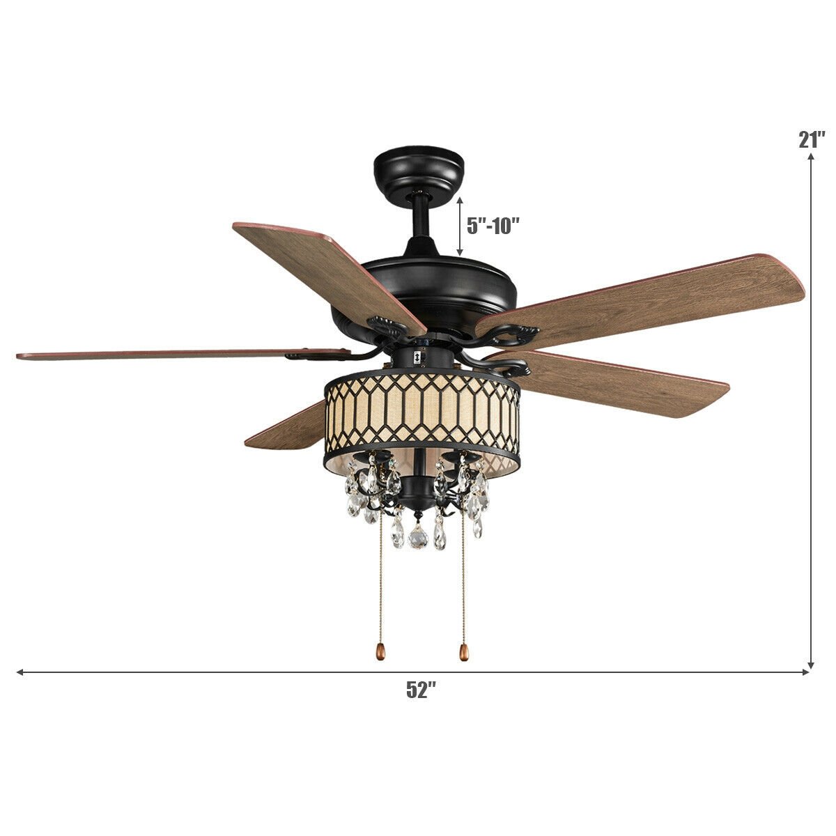 52 Inch Crystal Ceiling Fan Lamp w/ 5 Reversible Blades, Black at Gallery Canada