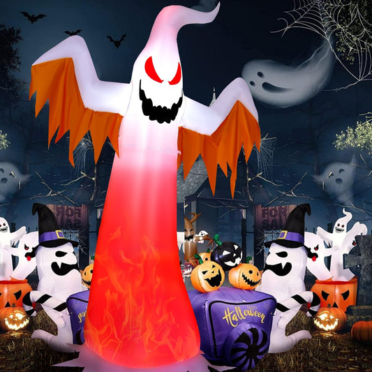 8 Feet Halloween Inflatable Ghost with Rotatable Flame LED Lights, White