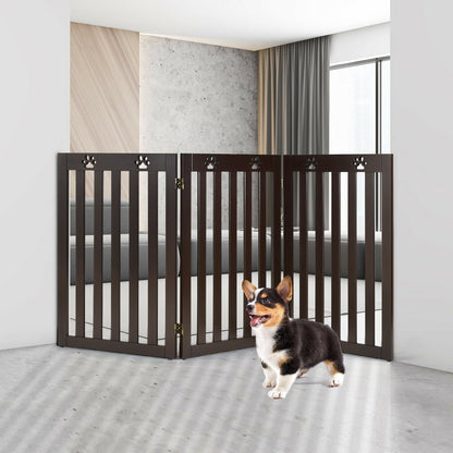36 Inch Folding Wooden Freestanding Pet Gate Dog Gate with 360° Flexible Hinge, Dark Brown at Gallery Canada