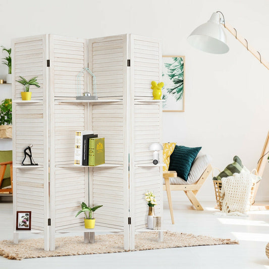 4 Panel Folding Room Divider Screen, 3 Display Shelves, White Room Dividers White at Gallery Canada