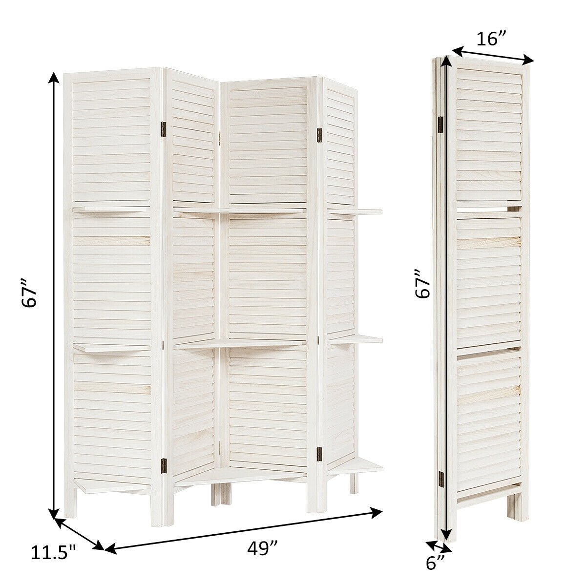 4 Panel Folding Room Divider Screen with 3 Display Shelves, White