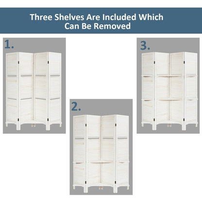 4 Panel Folding Room Divider Screen with 3 Display Shelves, White