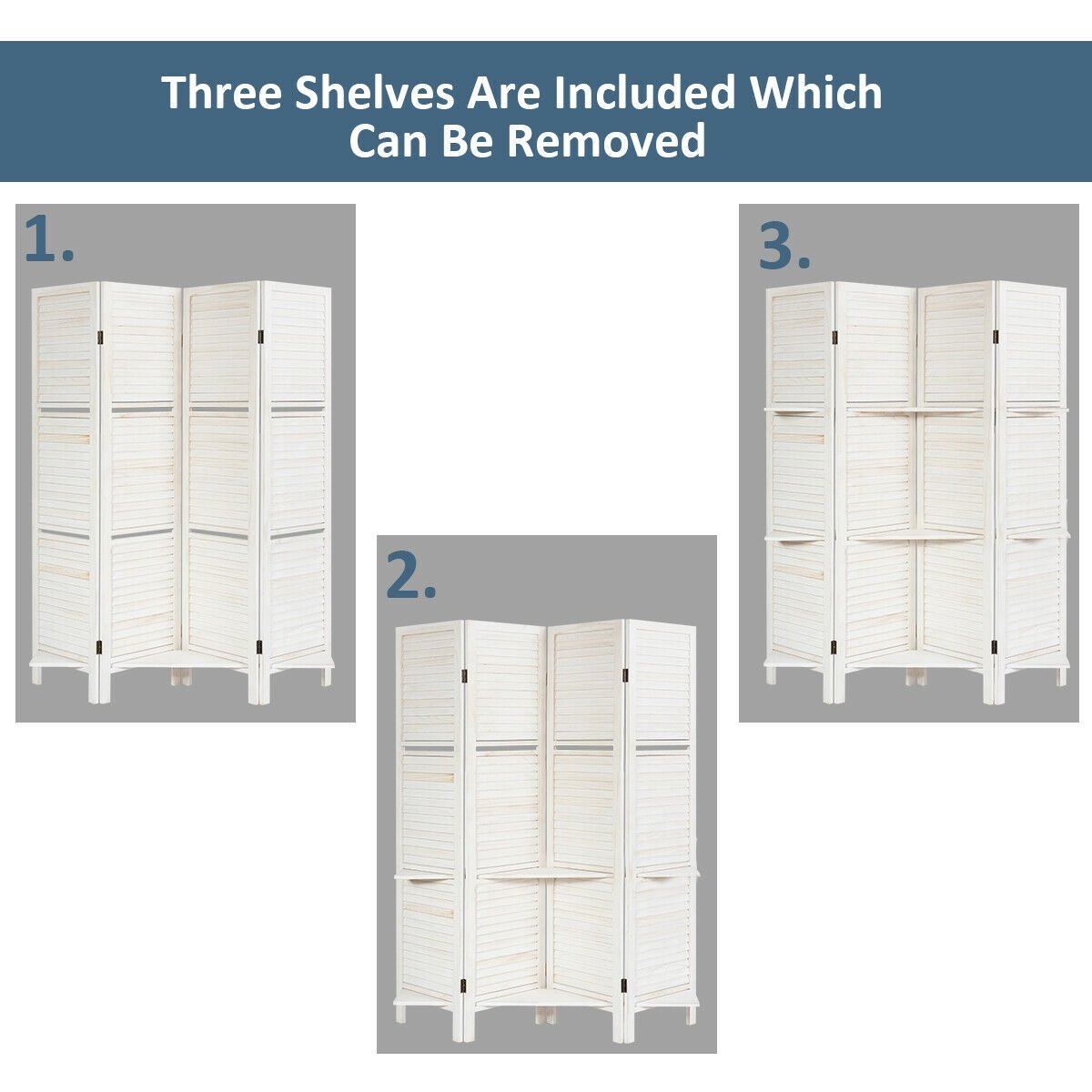 4 Panel Folding Room Divider Screen with 3 Display Shelves, White at Gallery Canada