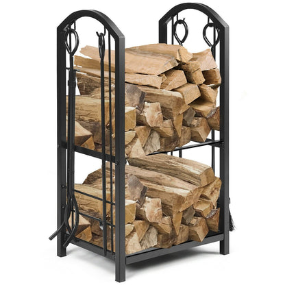 Fireplace Log Rack with 4 Tools Set Fireside Firewood Holder, Black
