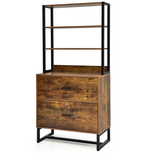 Letter Size Lateral File Cabinet with Lock and Bookshelf, Rustic Brown