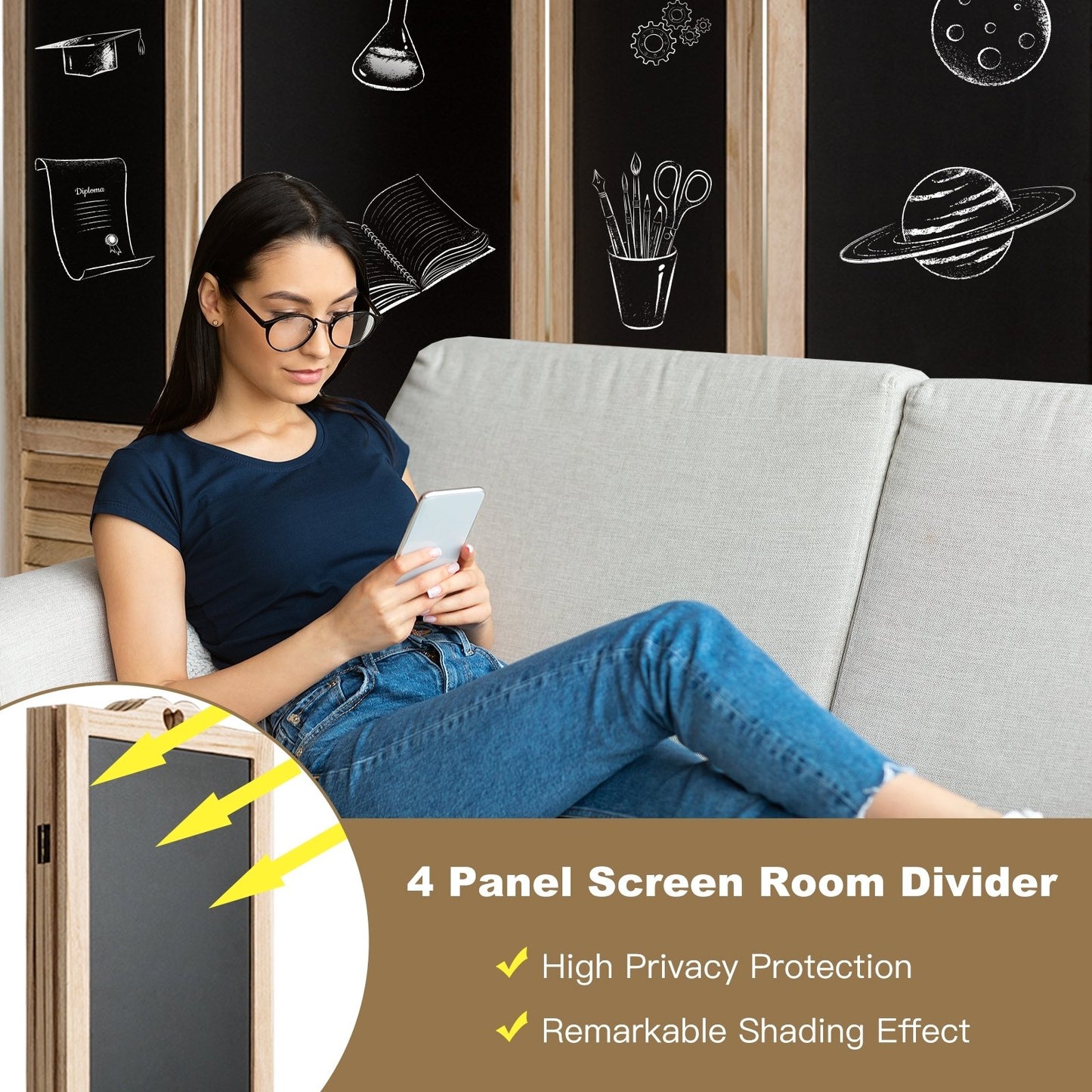 4-Panel Folding Privacy Room Divider Screen with Chalkboard , Natural