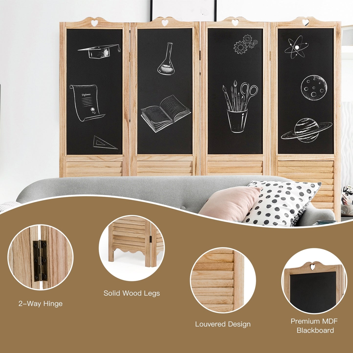 4-Panel Folding Privacy Room Divider Screen with Chalkboard , Natural Room Dividers at Gallery Canada