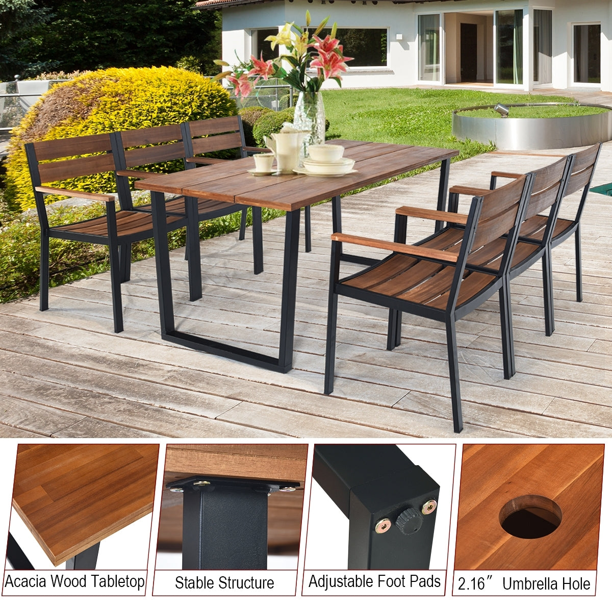 Patented 7 Pieces Patented Outdoor Patio Dining Table Set with Hole, Natural Patio Dining Sets at Gallery Canada