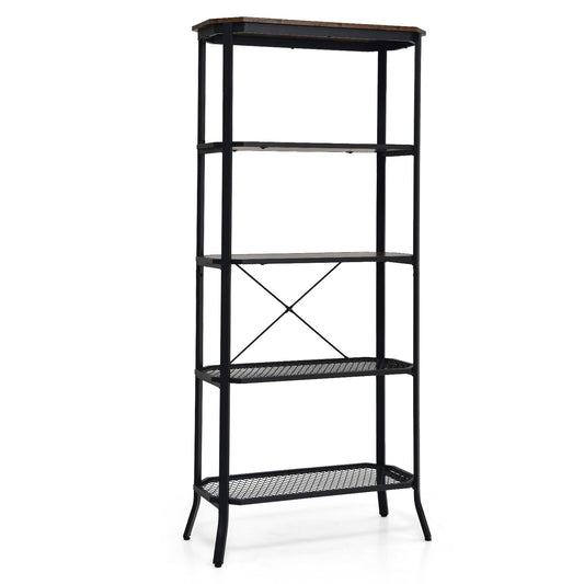 Industrial 5-Layer Bookshelf with Out-Stretched Legs, Rustic Brown