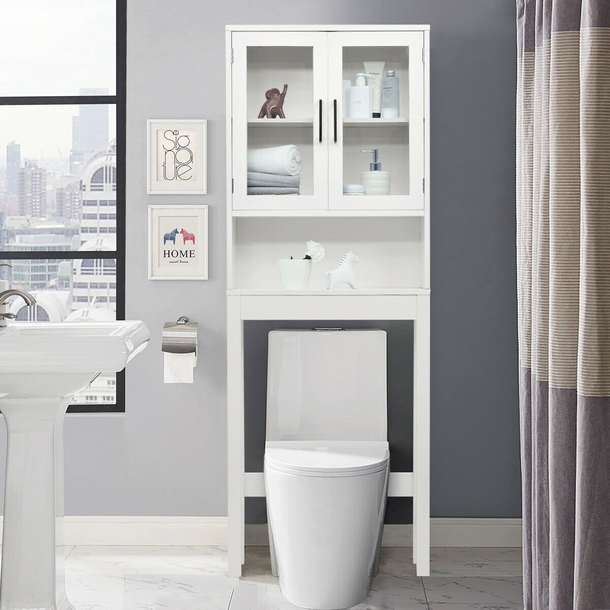 Over the Toilet Storage Cabinet Bathroom Space Saver with Tempered Glass Door, White at Gallery Canada