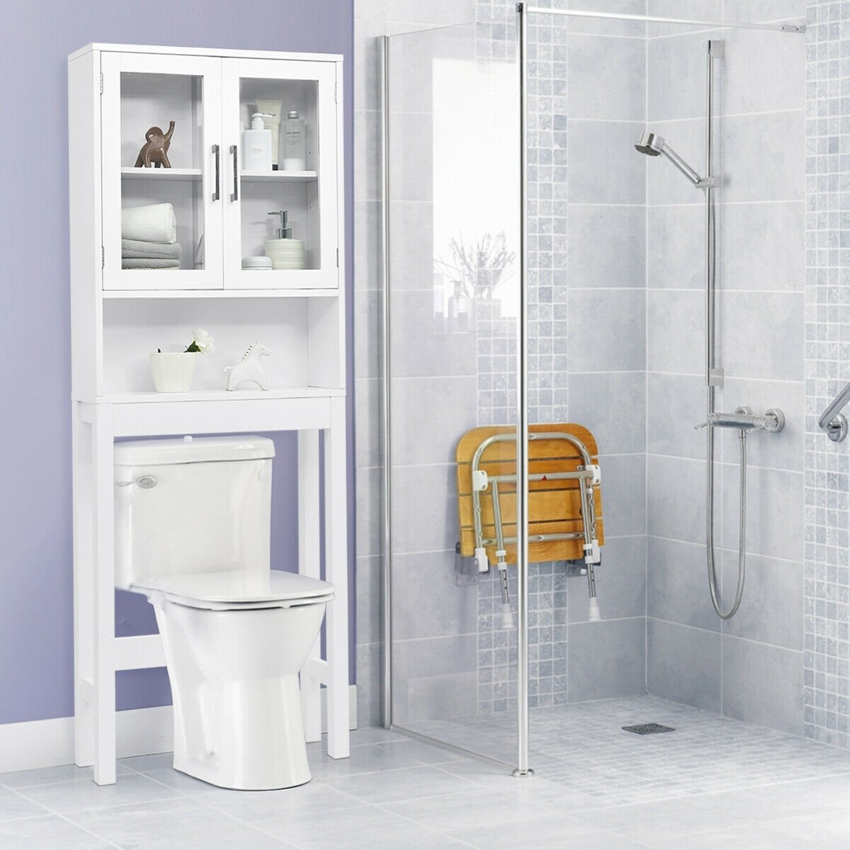 Over the Toilet Storage Cabinet Bathroom Space Saver with Tempered Glass Door, White