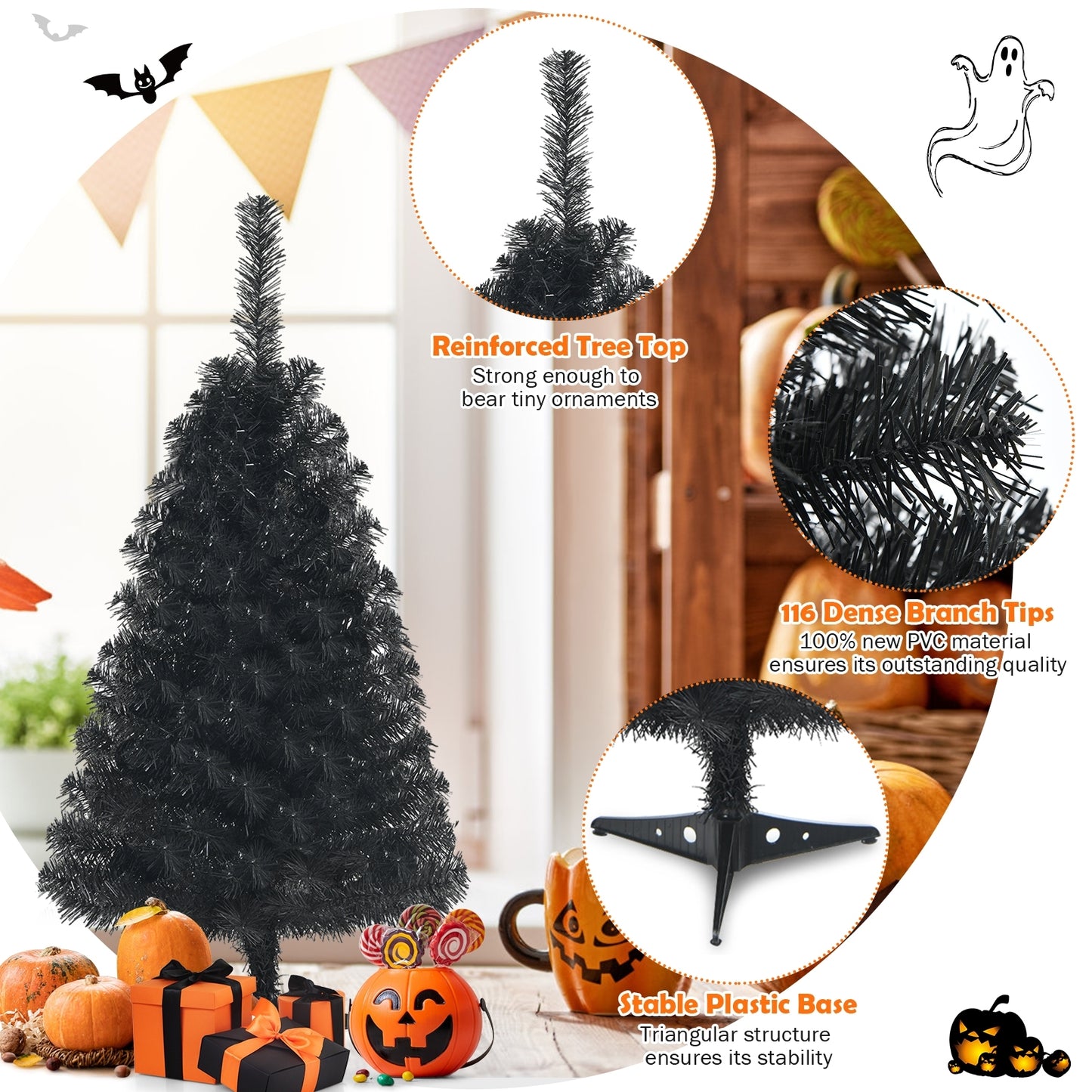3 Feet Unlit Artificial Christmas Halloween Mini Tree with Plastic Stand, Black Christmas Tree at Gallery Canada