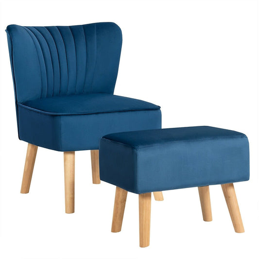 Leisure Chair and Ottoman Padded Velvet Tufted Sofa Set, Blue