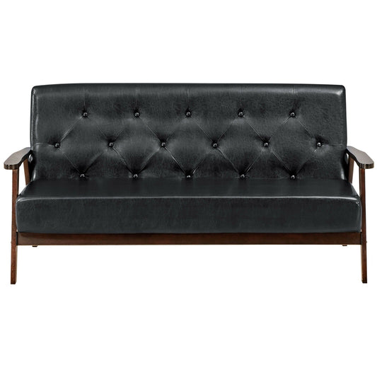 3-Seater PU Leather Upholstered Sofa Couch with Rubber Wood Legs, Black