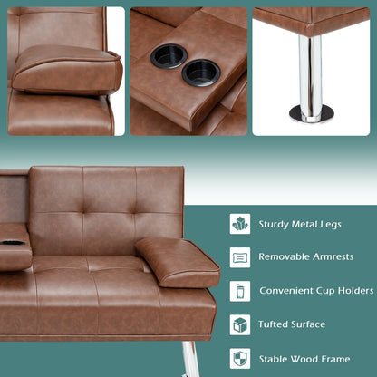 Convertible Folding Leather Futon Sofa with Cup Holders and Armrests, Brown at Gallery Canada
