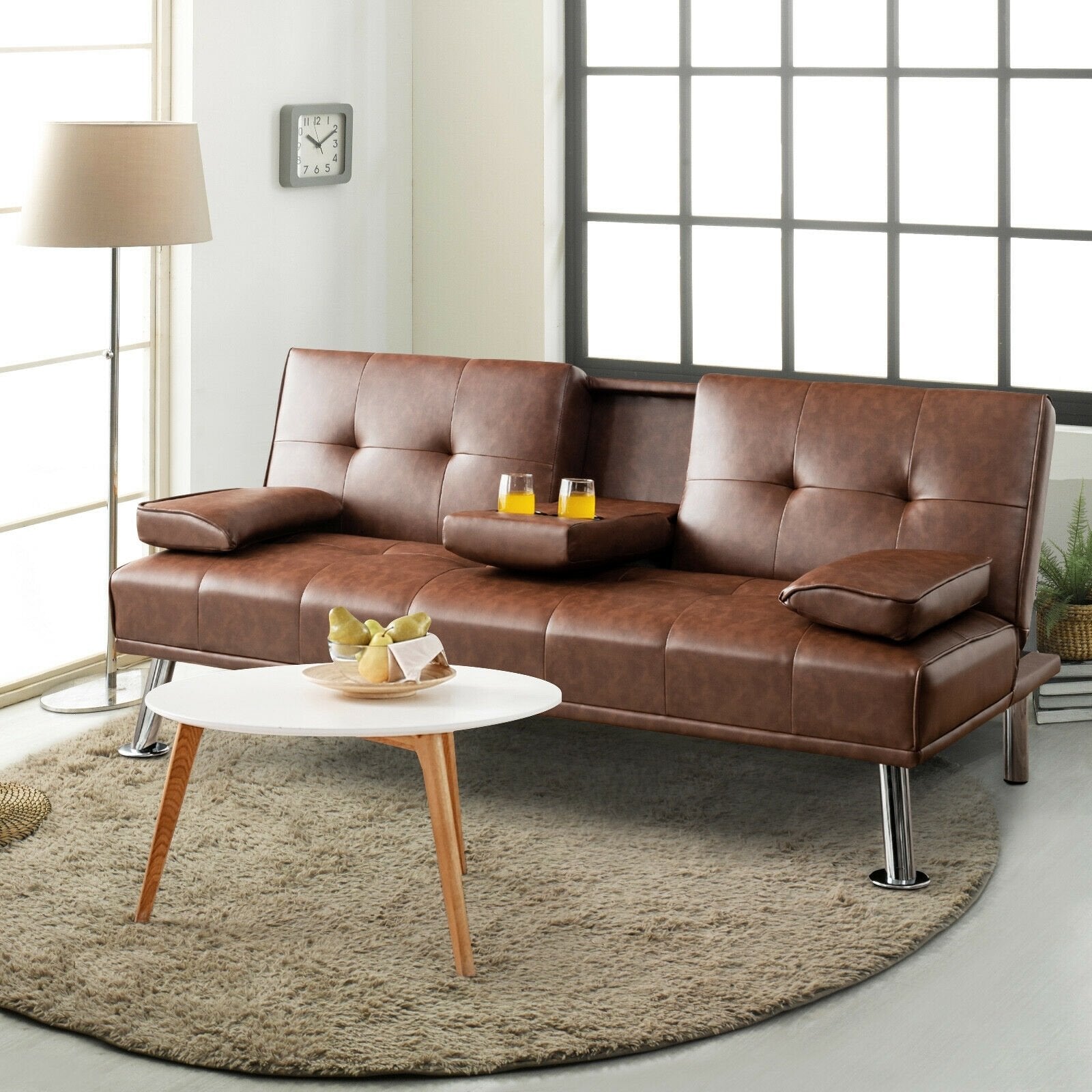 Convertible Folding Leather Futon Sofa with Cup Holders and Armrests, Brown at Gallery Canada