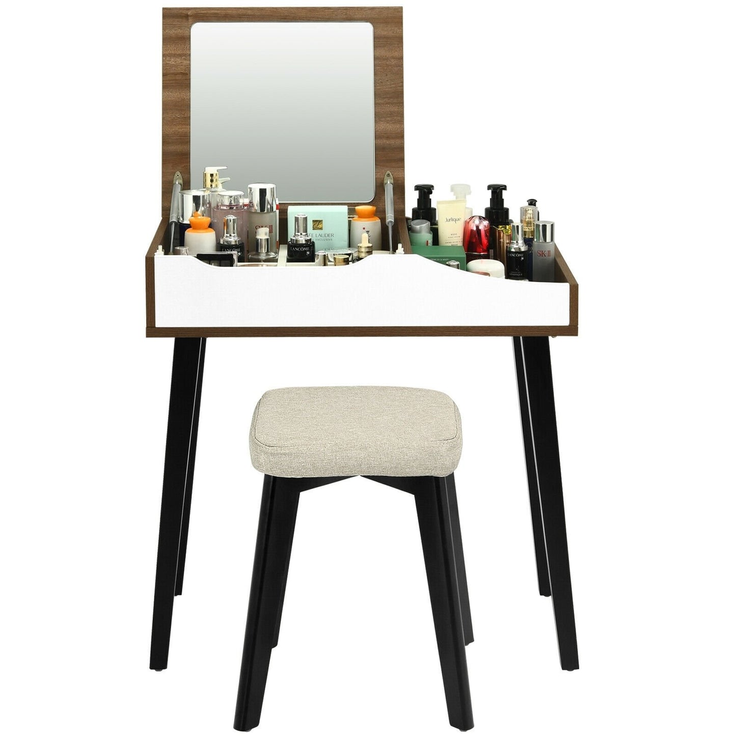 Vanity Table Set with Flip Top Mirror and Padded Stool, Brown at Gallery Canada