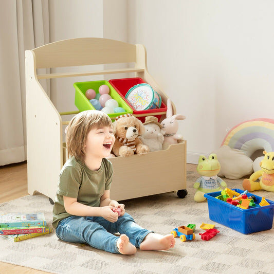 Kids Wooden Toy Storage Unit Organizer with Rolling Toy Box and Plastic Bins, Natural Kids Storage Natural at Gallery Canada