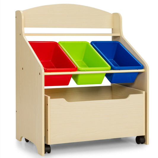 Kids Wooden Toy Storage Unit Organizer with Rolling Toy Box and Plastic Bins, Natural