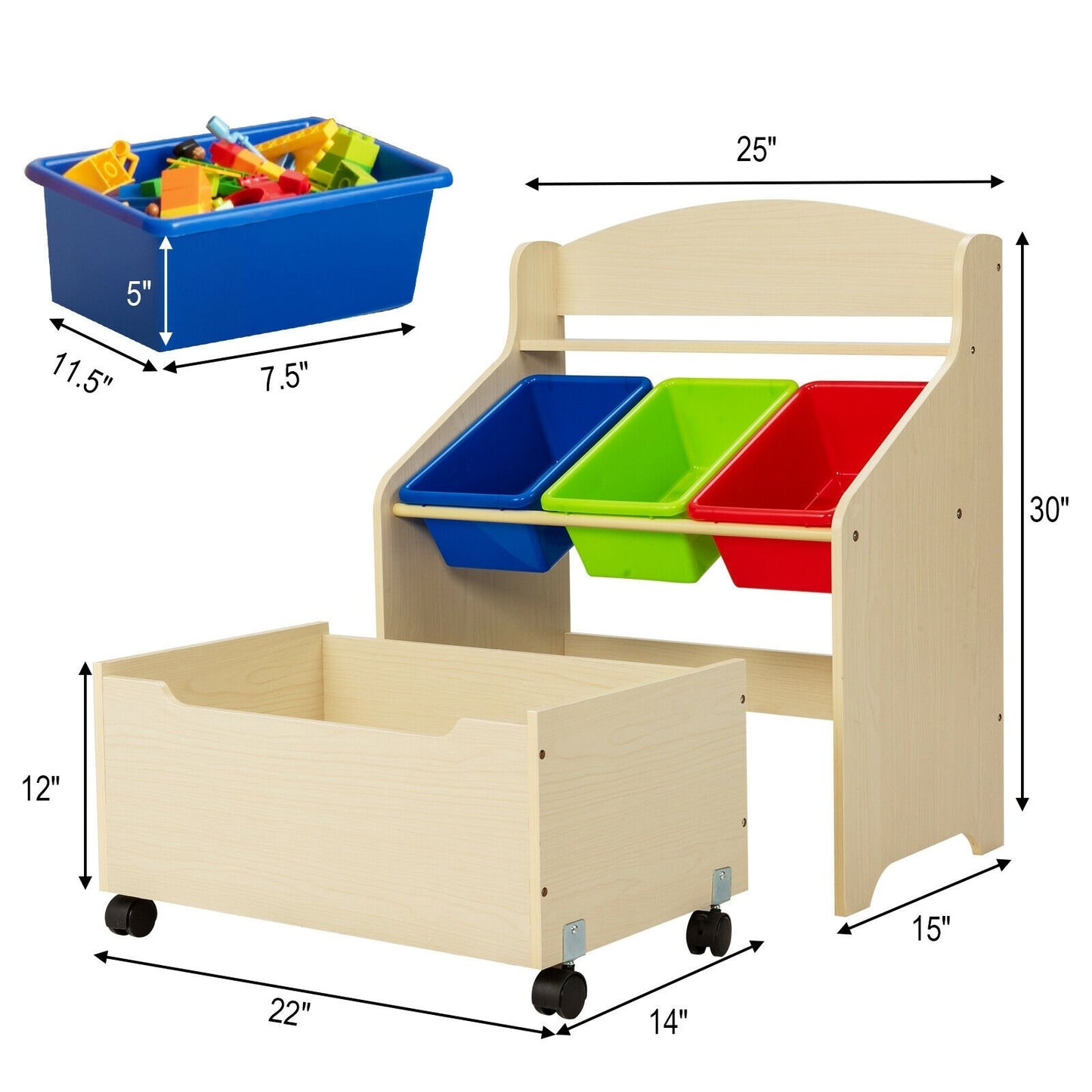 Kids Wooden Toy Storage Unit Organizer with Rolling Toy Box and Plastic Bins, Natural
