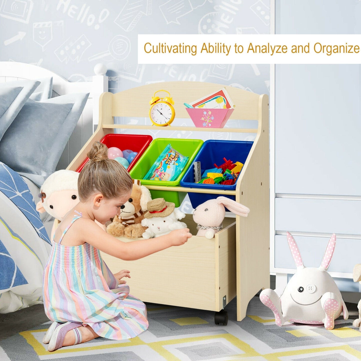 Kids Wooden Toy Storage Unit Organizer with Rolling Toy Box and Plastic Bins, Natural Kids Storage at Gallery Canada