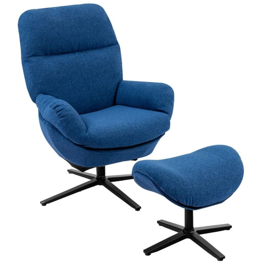 Upholstered Swivel Lounge Chair with Ottoman and Rocking Footstool, Blue