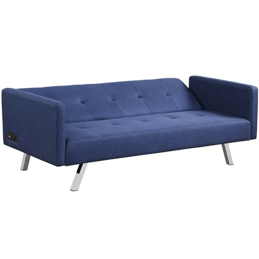 3 Seat Convertible Linen Fabric Futon Sofa with USB and Power Strip, Blue