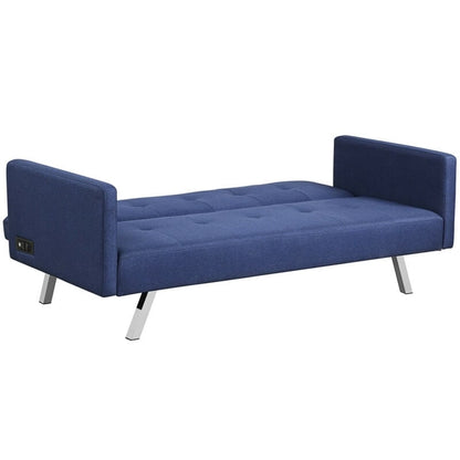 3 Seat Convertible Linen Fabric Futon Sofa with USB and Power Strip, Blue at Gallery Canada