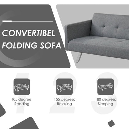 3 Seat Convertible Linen Fabric Futon Sofa with USB and Power Strip, Gray at Gallery Canada