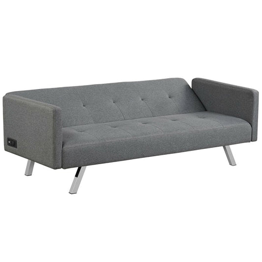 3 Seat Convertible Linen Fabric Futon Sofa with USB and Power Strip, Gray