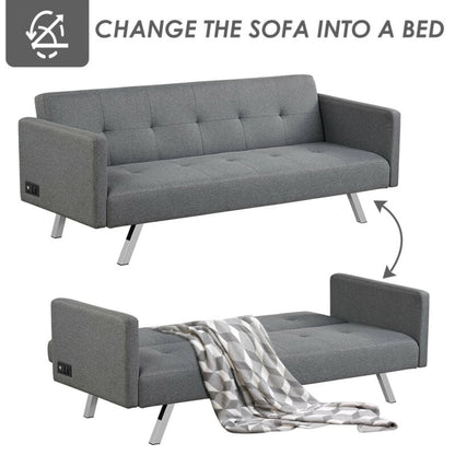 3 Seat Convertible Linen Fabric Futon Sofa with USB and Power Strip, Gray at Gallery Canada