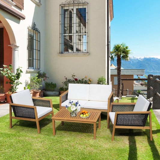 4 Piece Patio Rattan Furniture Set, Removable Cushions, White Patio Conversation Sets White at Gallery Canada
