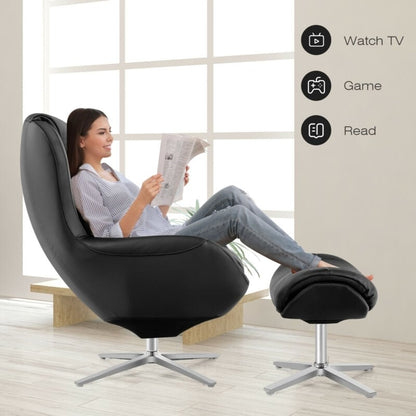 360°  Swivel Leather Lounge Chair with Ottoman and Aluminum Alloy Base, Black at Gallery Canada
