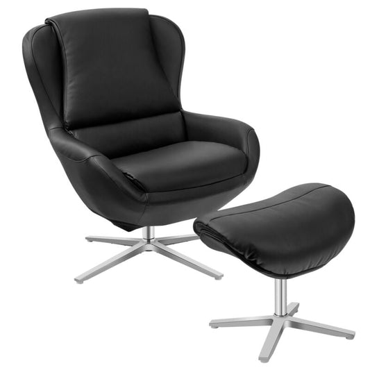 360°  Swivel Leather Lounge Chair with Ottoman and Aluminum Alloy Base, Black