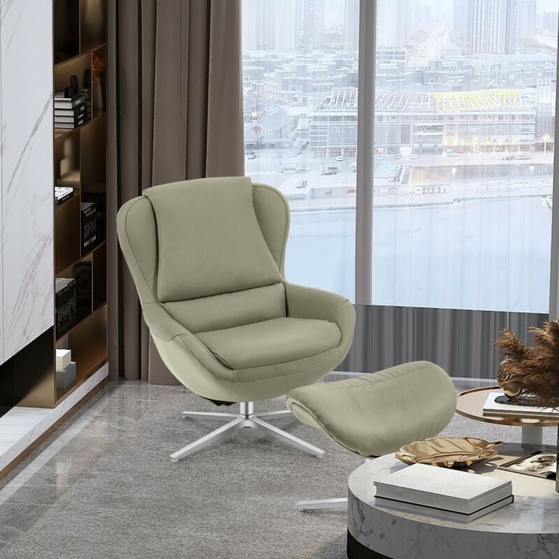 360°  Swivel Leather Lounge Chair with Ottoman and Aluminum Alloy Base, Gray at Gallery Canada